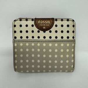 Fossil Two Tone Polka Dot Gray & Cream Brown Leather Snap Id Holder Wallet